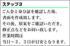 ご入金と身分証を確認した後、書面を作成致します。その後、完成原案をご確認いただき、修正点などをお伺い致します。作業時間は当日〜2、3日が目安となります。