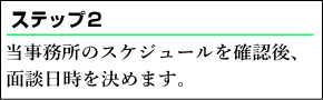 当事務所のスケジュールを確認後、面談日時を決めます。面談時には免許証などの身分証明書をお持ちください。その他、ご依頼内容によって別途お持ちいただきたいものがある場合は、事前にお伝えいたします。
